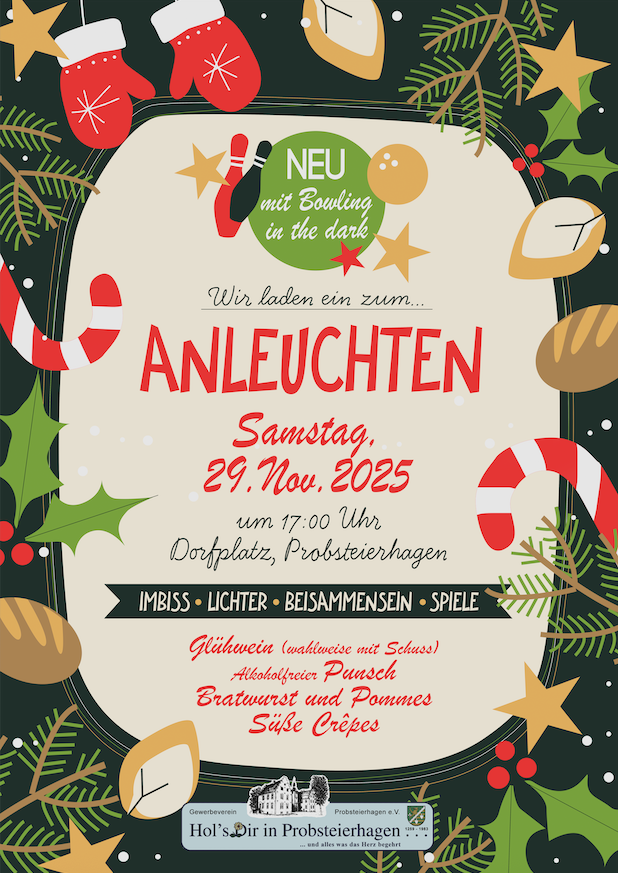 Plakat zum Anleuchten ab 17 Uhr am 29. November 2025 auf dem Dorfplatz in Probsteierhagen mit Punsch, Imbiss und kleinen Leckereien zum gemütlichen Beisammensein