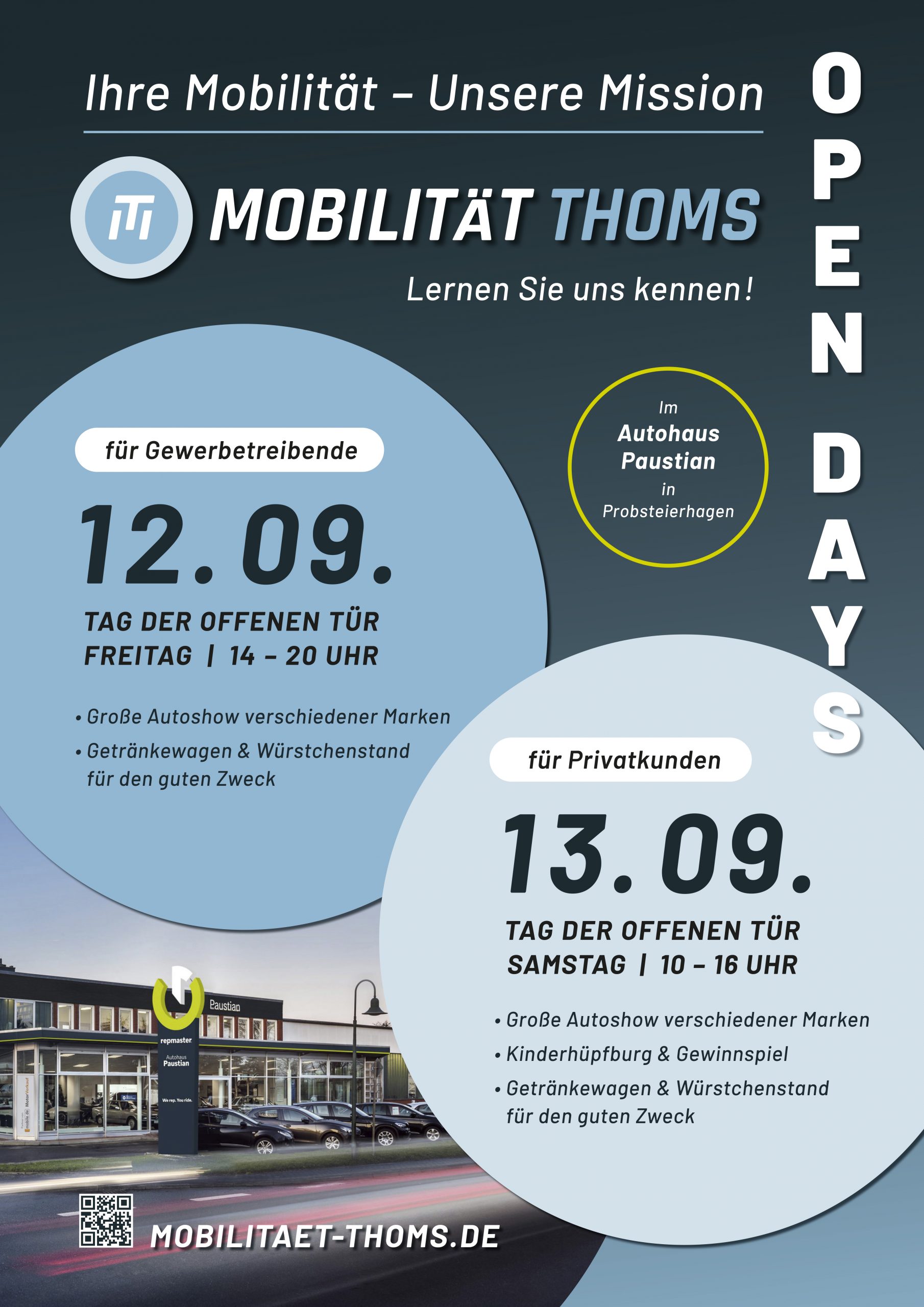 Plakat Open Days bei Autohaus Paustian am 12. und 13. Septeber für Gewerbetreibende und Privatkunden